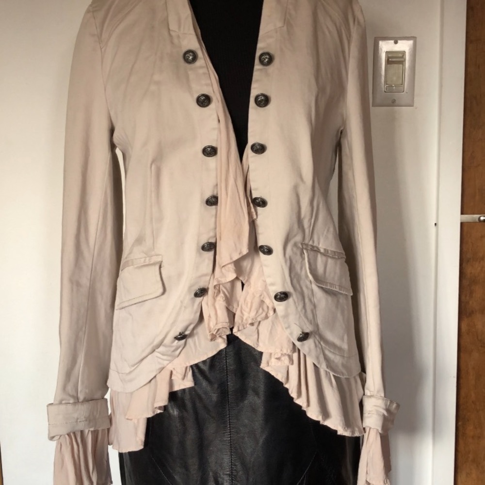 Free People Cream Ruffle-Front Button Blazer